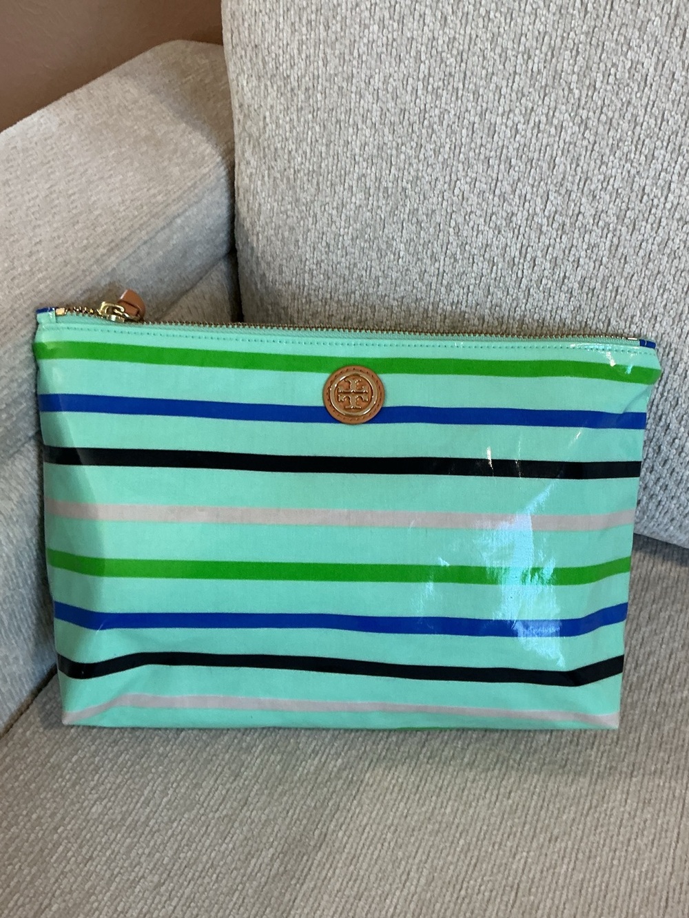 Tory Burch Kerrington Stripe Cosmetic Pouch with Gold Logo